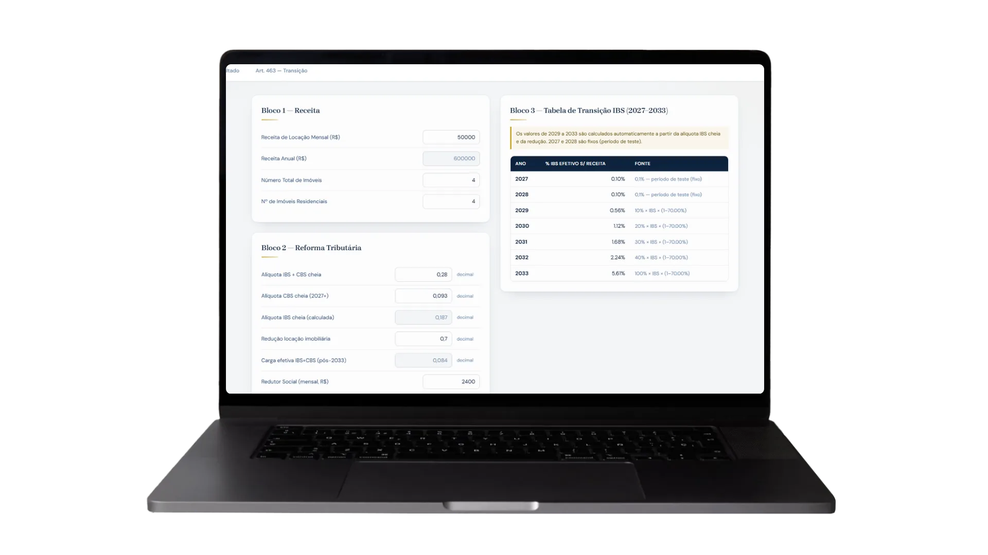 Mockup da Calculadora de IBS/CBS — Locações Imobiliárias