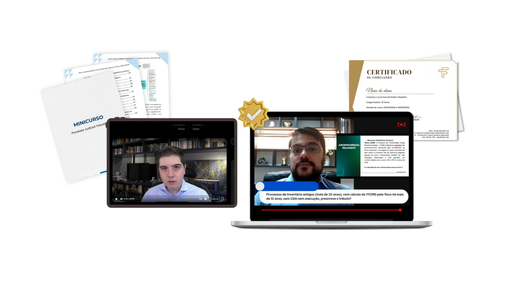 Mockup do curso em notebook, celular e documentos